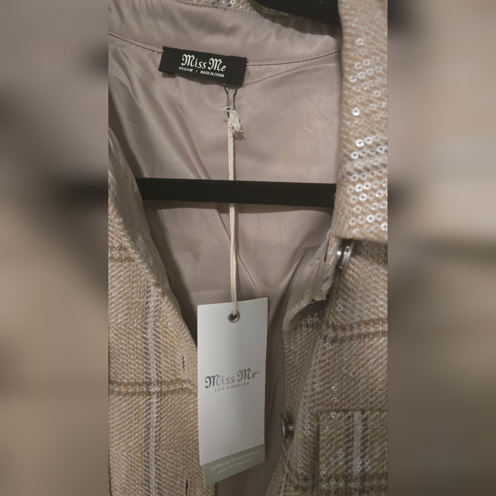 Miss Me Shimmering Sequin Beige Plaid Shacket - Picture 5 of 5